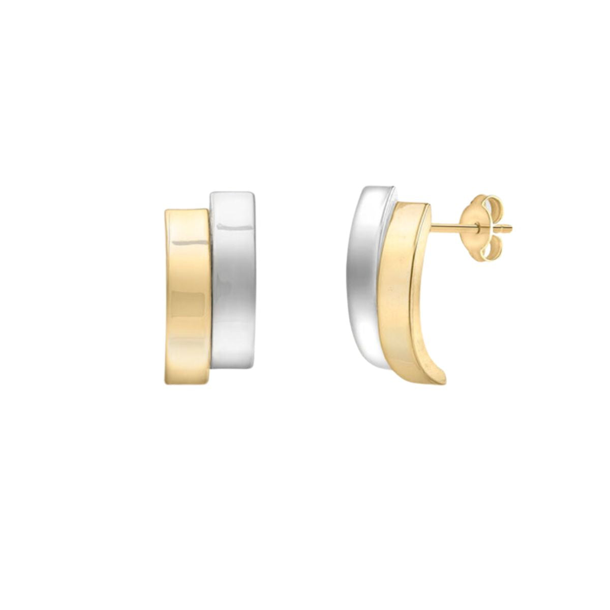 9K 2-Tones Gold Asymmetric Double Curved Bar Stud Earrings