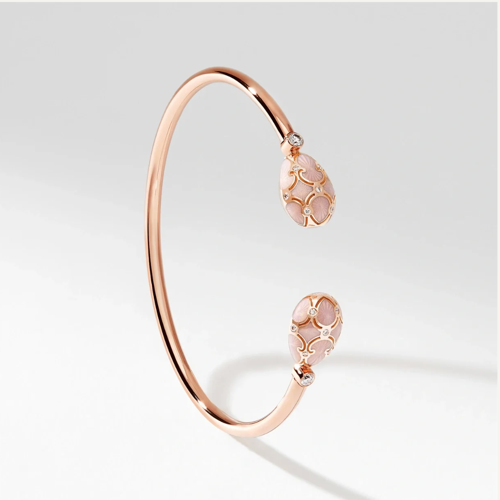 Fabergé Heritage Rose Gold Diamond & Pink Guilloché Enamel Open Bracelet