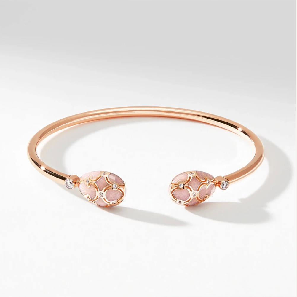 Fabergé Heritage Rose Gold Diamond & Pink Guilloché Enamel Open Bracelet