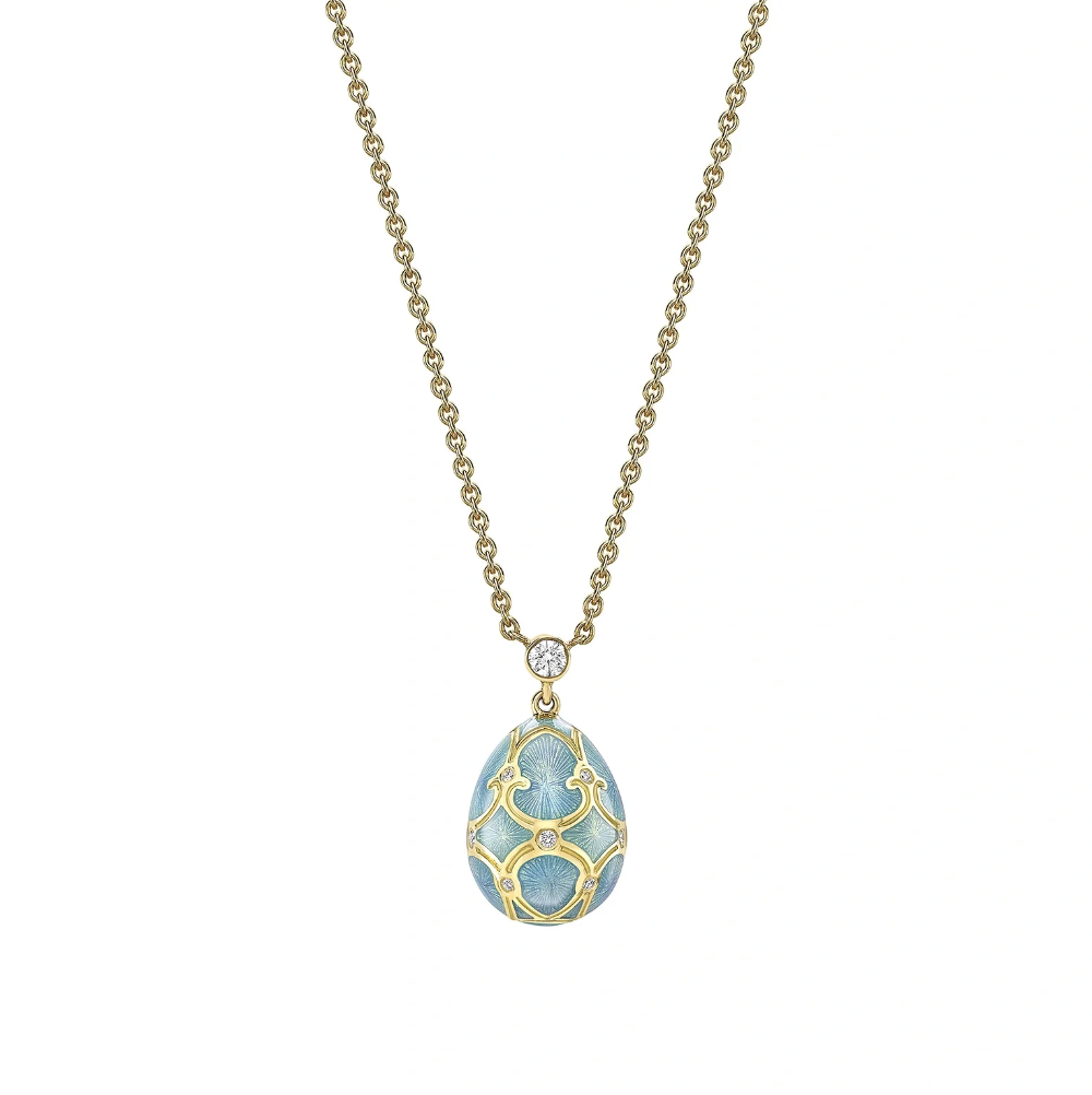 Fabergé Heritage Yellow Gold Diamond & Turquoise Guilloché Enamel Petite Egg Pendant