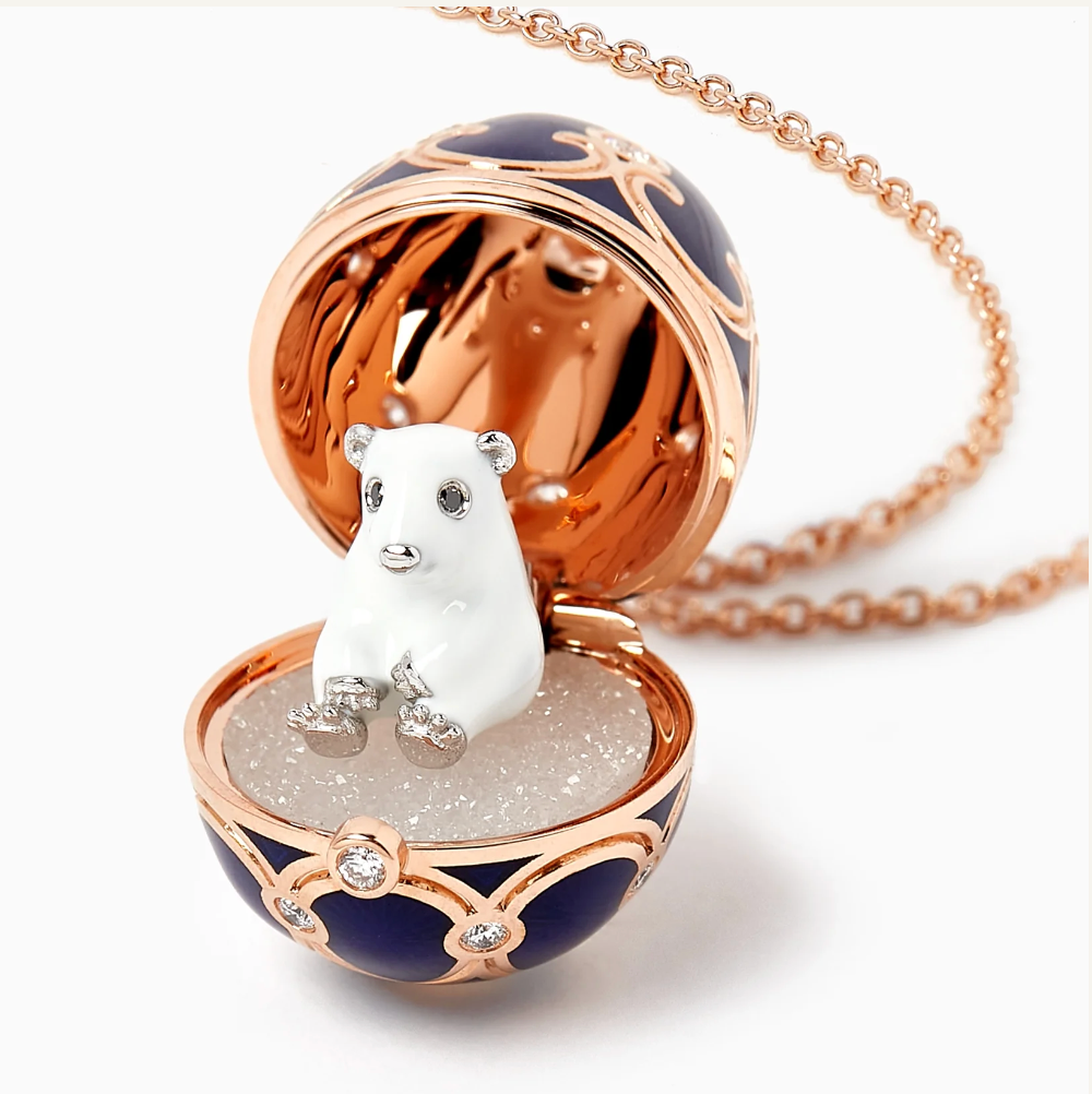 Fabergé Heritage Rose Gold Dark Blue Guilloché Enamel Polar Bear Surprise Locket