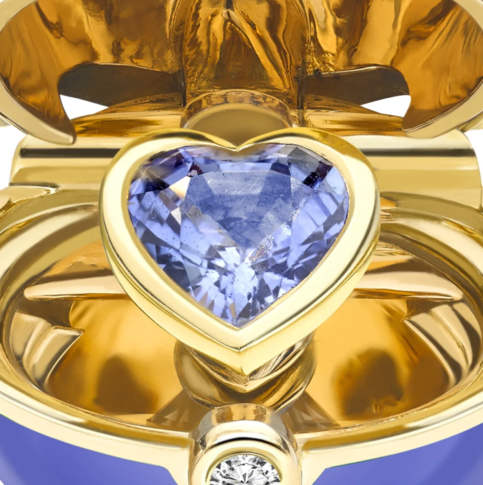 Fabergé Essence Yellow Gold, Diamond & Blue Sapphire Heart Surprise Locket with Lavender Lacquer