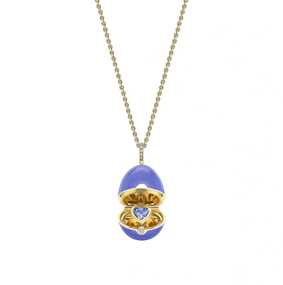 Fabergé Essence Yellow Gold, Diamond & Blue Sapphire Heart Surprise Locket with Lavender Lacquer