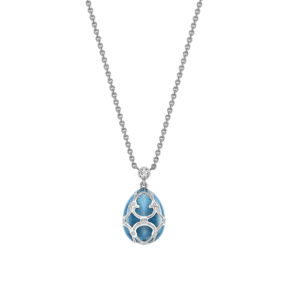 Fabergé Heritage White Gold Diamond & Teal Guilloché Enamel Petite Egg Pendant