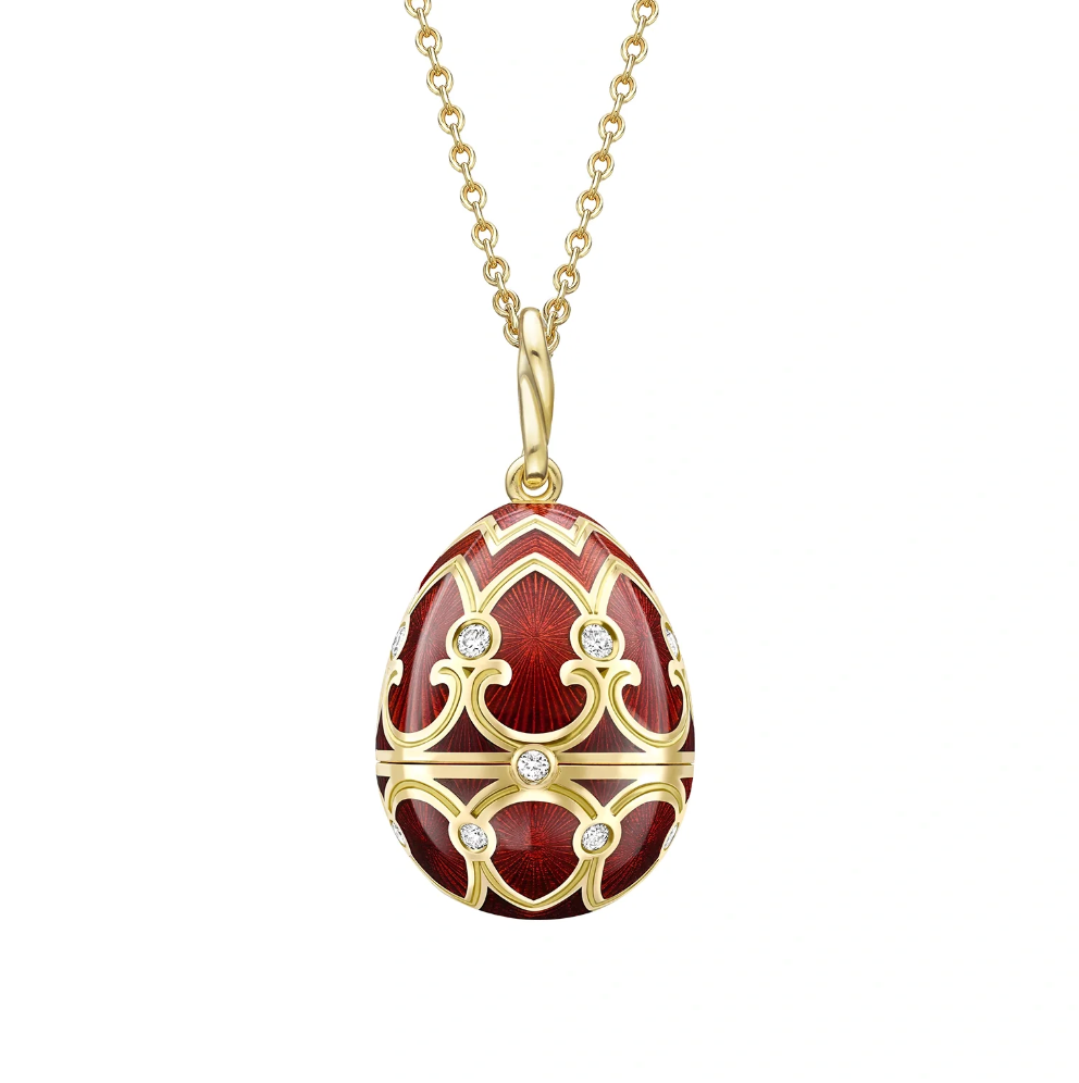 Fabergé Heritage Yellow Gold Diamond & Red Guilloche Enamel Coronation Crown Surprise Locket